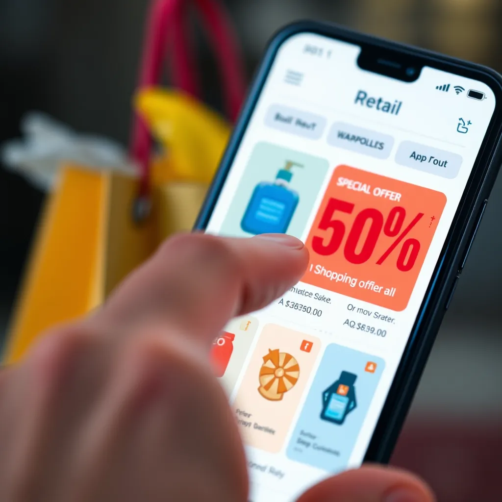 A close-up of a smartphone displaying a retail app with visible discounts and special offers. A hand is seen interacting with the screen, while a shopping bag and a few products are placed in the background, indicating shopping excitement.