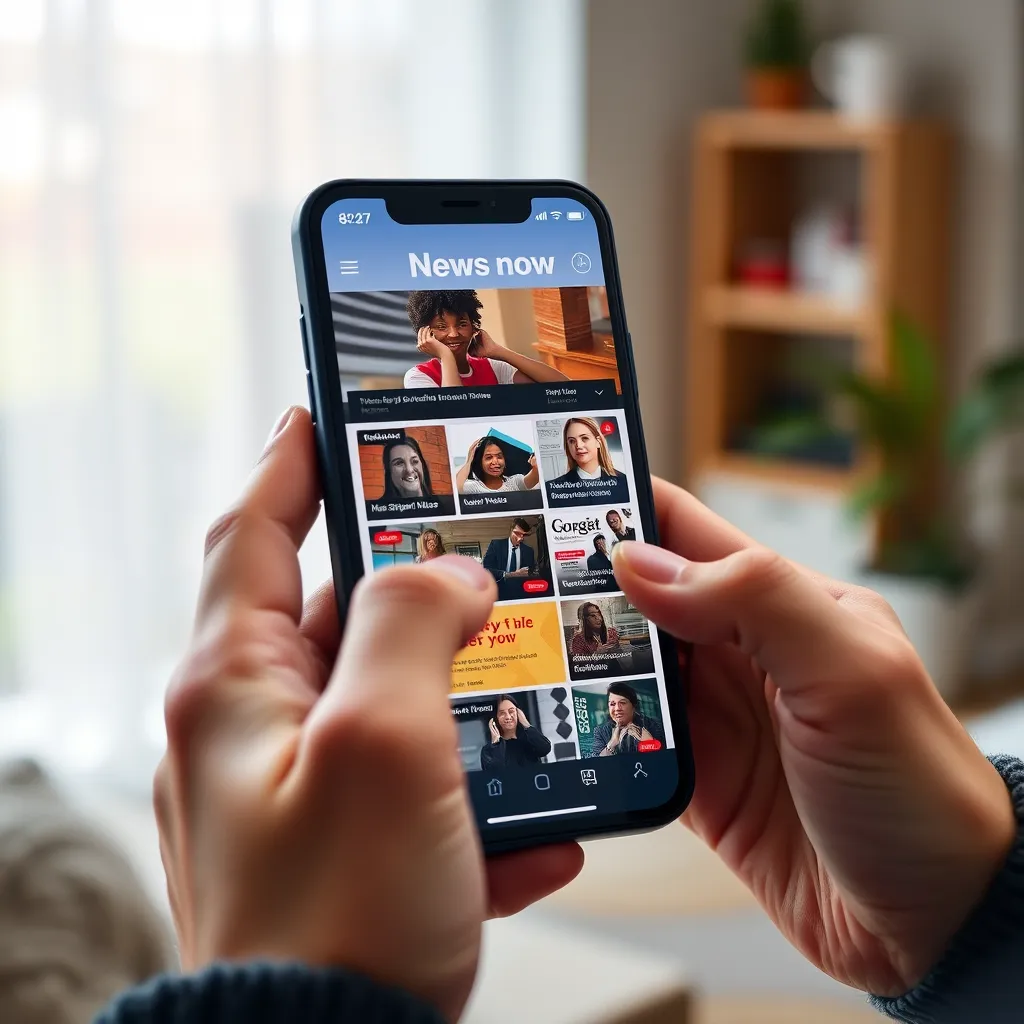 A close-up of a smartphone screen showing the News Now app interface with various news categories visually appealingly organized. Include hands interacting with the screen to convey ease of use, set against a cozy indoor background.
