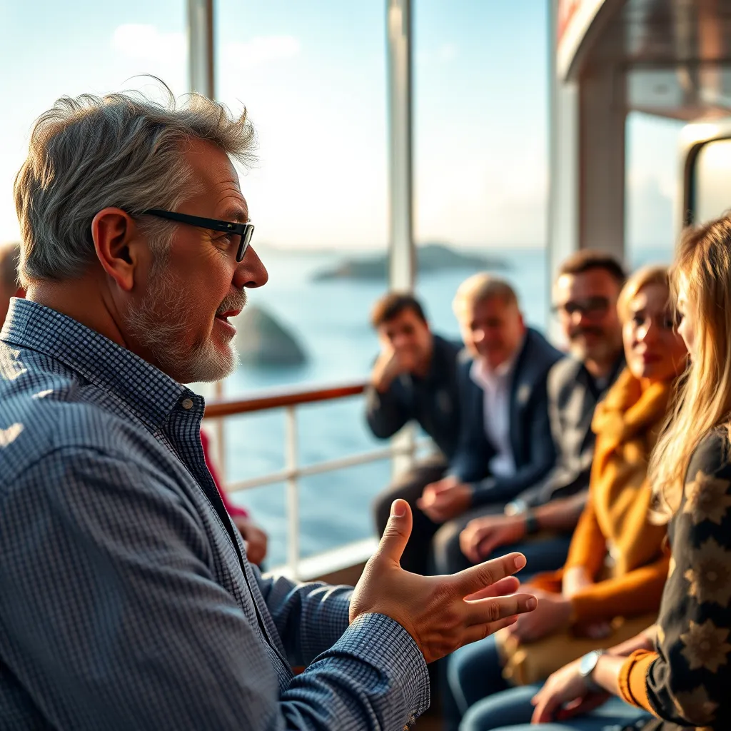 A close-up of a well-known journalist speaking passionately to a small group of engaged listeners on a cruise ship. A backdrop of the ocean and islands is visible through large glass windows, creating a dynamic setting for insightful conversation.