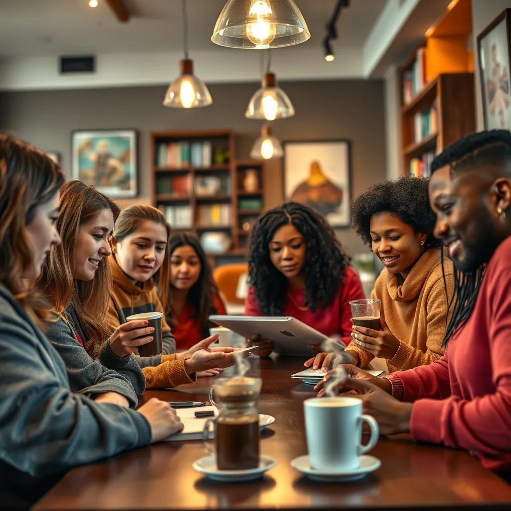 A close-up shot of a diverse group of students in a university coffee shop, engaged in a lively discussion while reviewing written opinions. Soft diffused lighting from hanging fixtures creates a cozy yet vibrant atmosphere. The color palette combines warm browns from furniture, bright colors from students' clothing, and the rich dark hues of coffee drinks. The angle is slightly elevated, providing a view of the coffee shop's interior, framed by bookshelves and artwork. Each student’s unique expression and body language adds depth to the narrative. Elements like steaming coffee cups, notebooks, and laptops fill the table, enhancing the theme of collaboration and exchange of ideas. The overall image must be hyperrealistic and ultra-detailed, capturing the essence of student activism and collaboration in a high-quality format suitable for editorial use at 8K resolution.