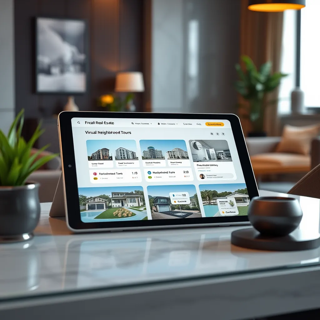 A close-up shot of a high-tech tablet displaying a futuristic real estate platform interface, featuring virtual neighborhood tours and blockchain transaction options, surrounded by modern decorative elements in a stylish office setting.