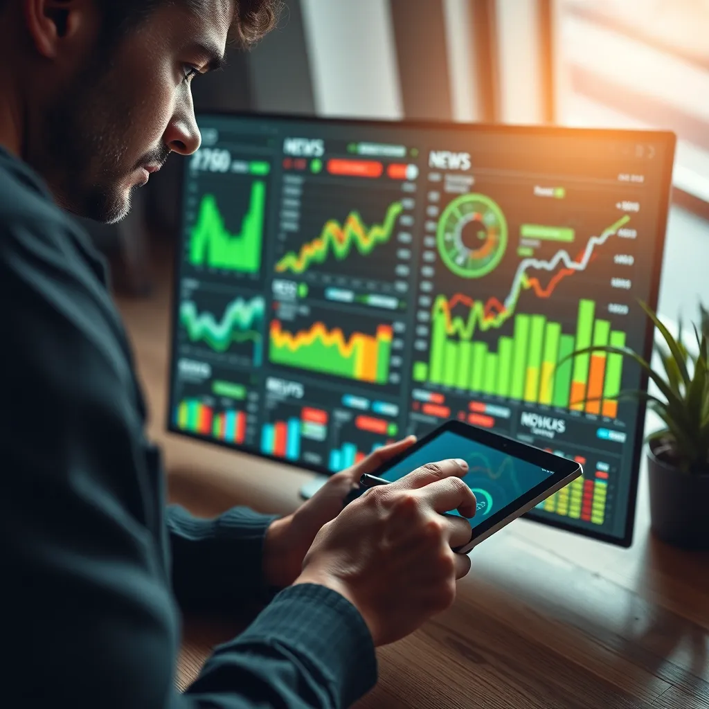 A close-up view of a data analyst working on a large screen showing colorful graphs and charts related to news metrics. The workspace is illuminated with dramatic side lighting, enhancing the focus on the screen and the analyst's intent expression. A color palette of vibrant greens, reds, and blues creates a lively and stimulating atmosphere. The perspective is from above, highlighting the tablet and stylus in the analyst's hands as they manipulate data. Textures include a wooden desk's warmth contrasting with the sleek technology of the display. Environmental elements include potted plants adding a touch of life to the tech setting. The style borrows from modern tech photography, showcasing innovation and expertise. This image should be captured in ultra-detailed, 8K resolution for pristine clarity.