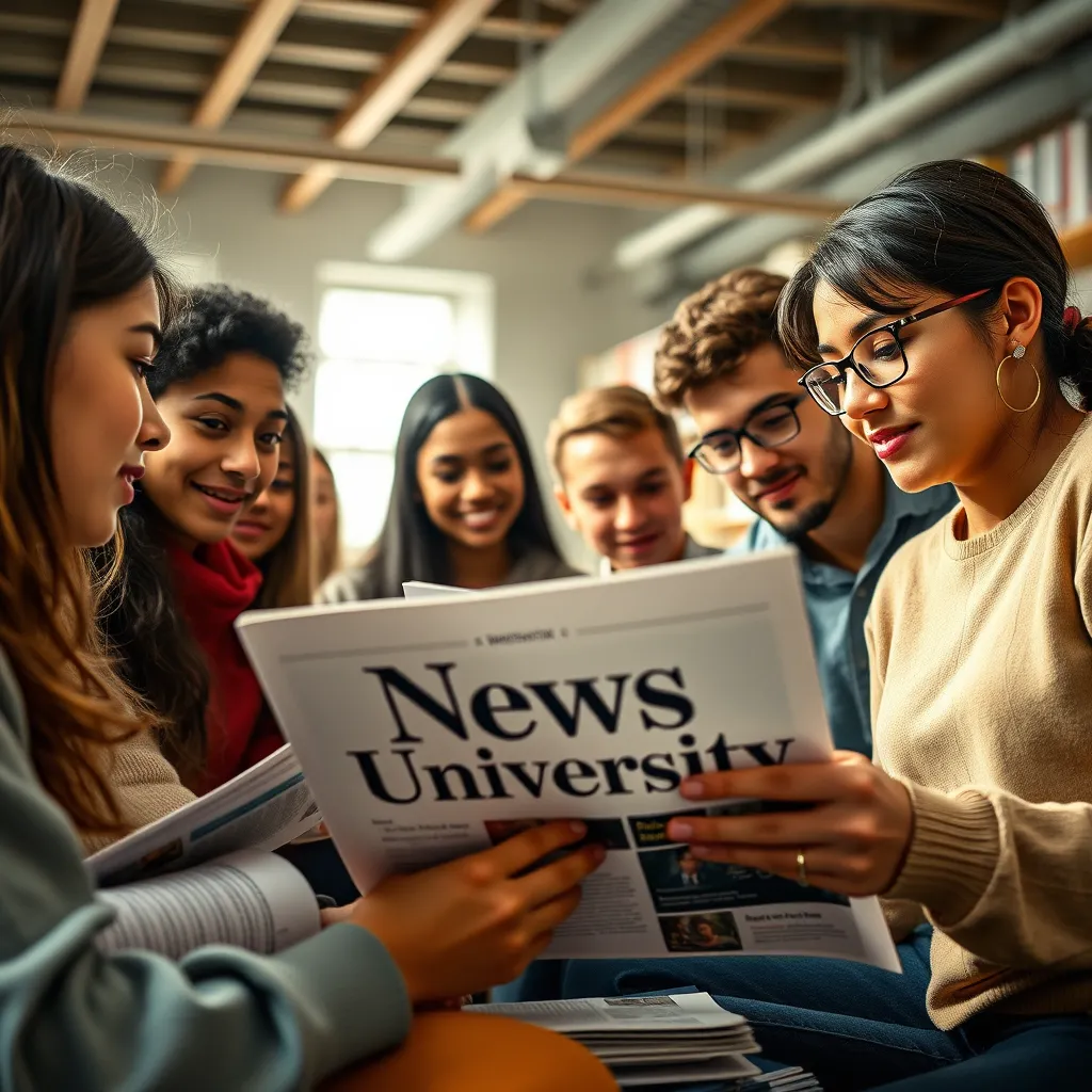 A close-up view of a diverse group of students engaged in a discussion over a digital magazine titled 'News University'. The room is filled with books, laptops, and newspapers, showcasing a vibrant learning environment with students of various ethnicities. Bright lighting enhances the atmosphere of collaboration and intellect.