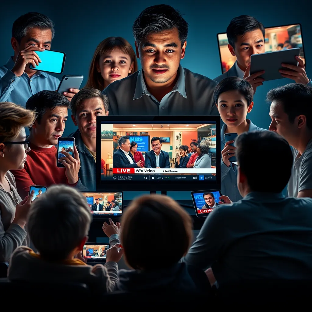 A collage depicting engaged viewers watching a live news video on various devices like smartphones, tablets, and laptops. The viewers, representing different ages and backgrounds, are shown expressing diverse emotions such as curiosity and excitement as they interact with the content.