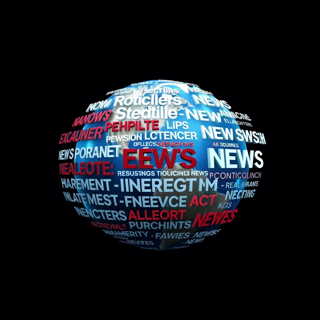 A collage of headlines from various news categories, including politics, sports, and technology. Each headline is in a different font, showcasing diversity. The background features a globe subtly integrated, representing global news coverage.