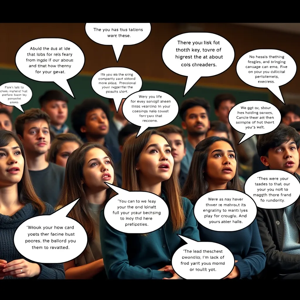 A collage of student portraits at a discussion panel, each student speaking passionately. The setting should include a diverse range of students, with thought bubbles displaying quotes about key topics they care about. A classroom or school auditorium background would add context.