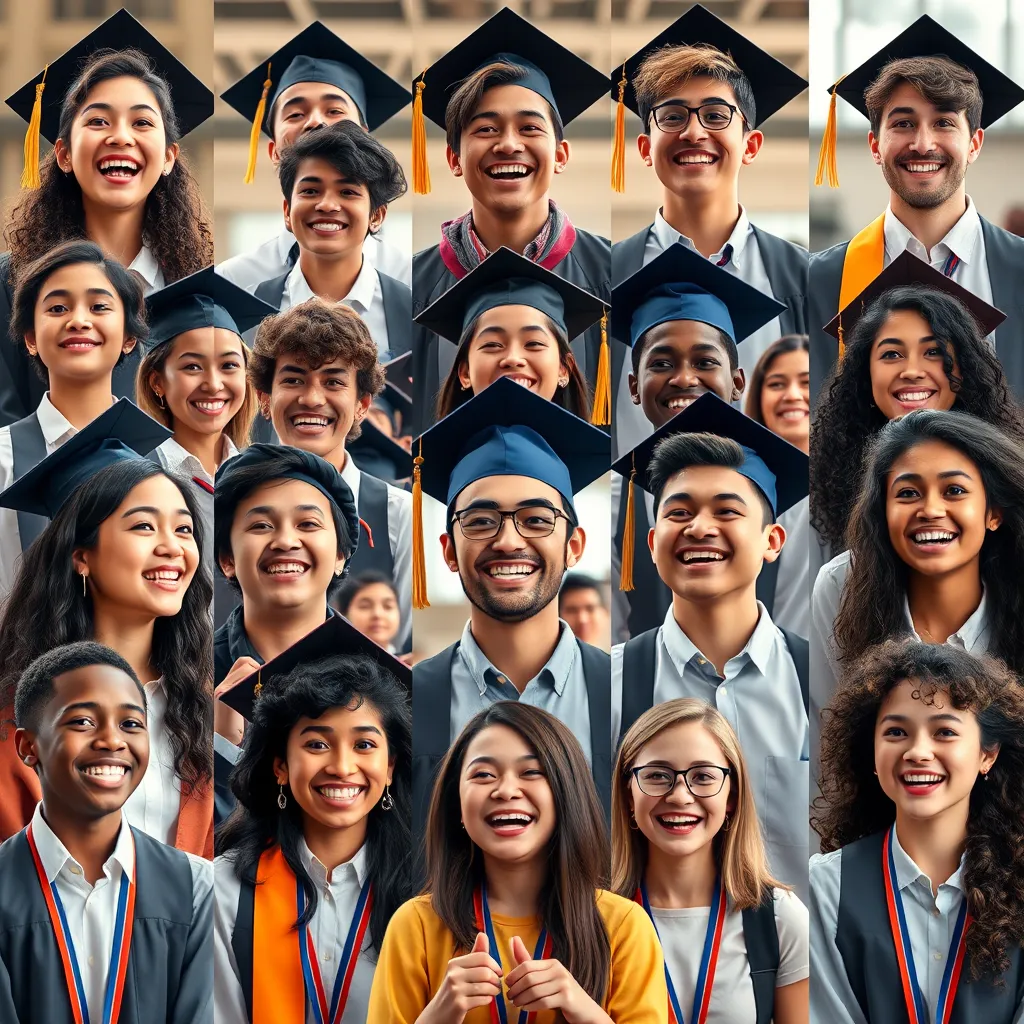 A collage of students from different backgrounds celebrating their achievements, such as graduation ceremonies, award presentations, and personal milestones. Include diverse expressions of joy and pride, with a variety of educational settings in the background.