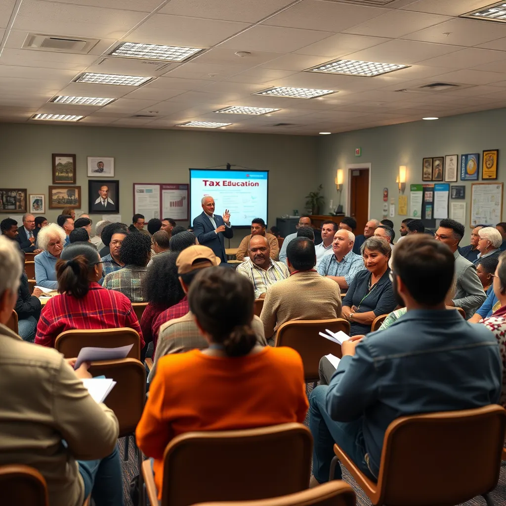 A community center filled with diverse individuals attending a tax education seminar. Show a presenter discussing tax news, with visuals of documents and infographics around. Participants should be engaged and taking notes, creating a sense of active learning.
