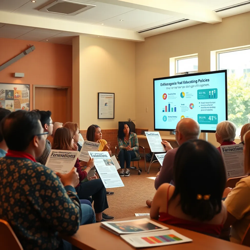 A community meeting in a bright, inviting space with people of various ages engaged in discussion, holding informational flyers about educational policies. A presentation screen displays key statistics and infographics, representing active civic engagement.