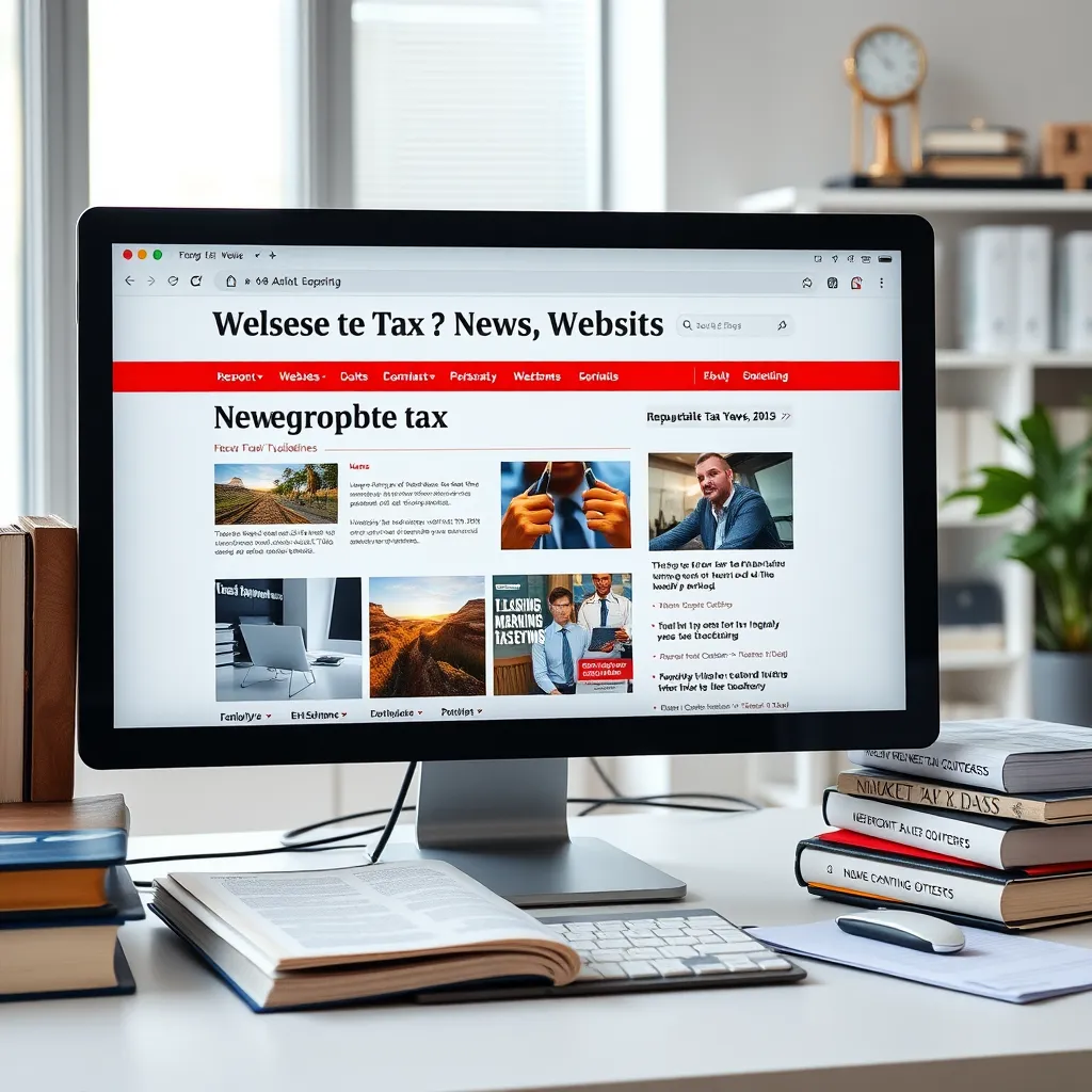 A computer screen displaying reputable tax news websites alongside books and reputable tax guidelines. The scene should be set in a bright, organized office space, symbolizing the importance of reliable sources in tax information.
