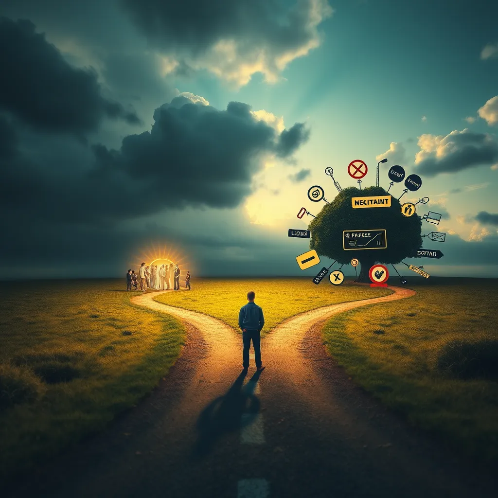 A conceptual image showing two contrasting paths: one leading towards a bright and hopeful community gathering, and the other towards a dark cloud surrounded by negativity and complaint symbols. A person stands at the crossroads contemplating their choice.