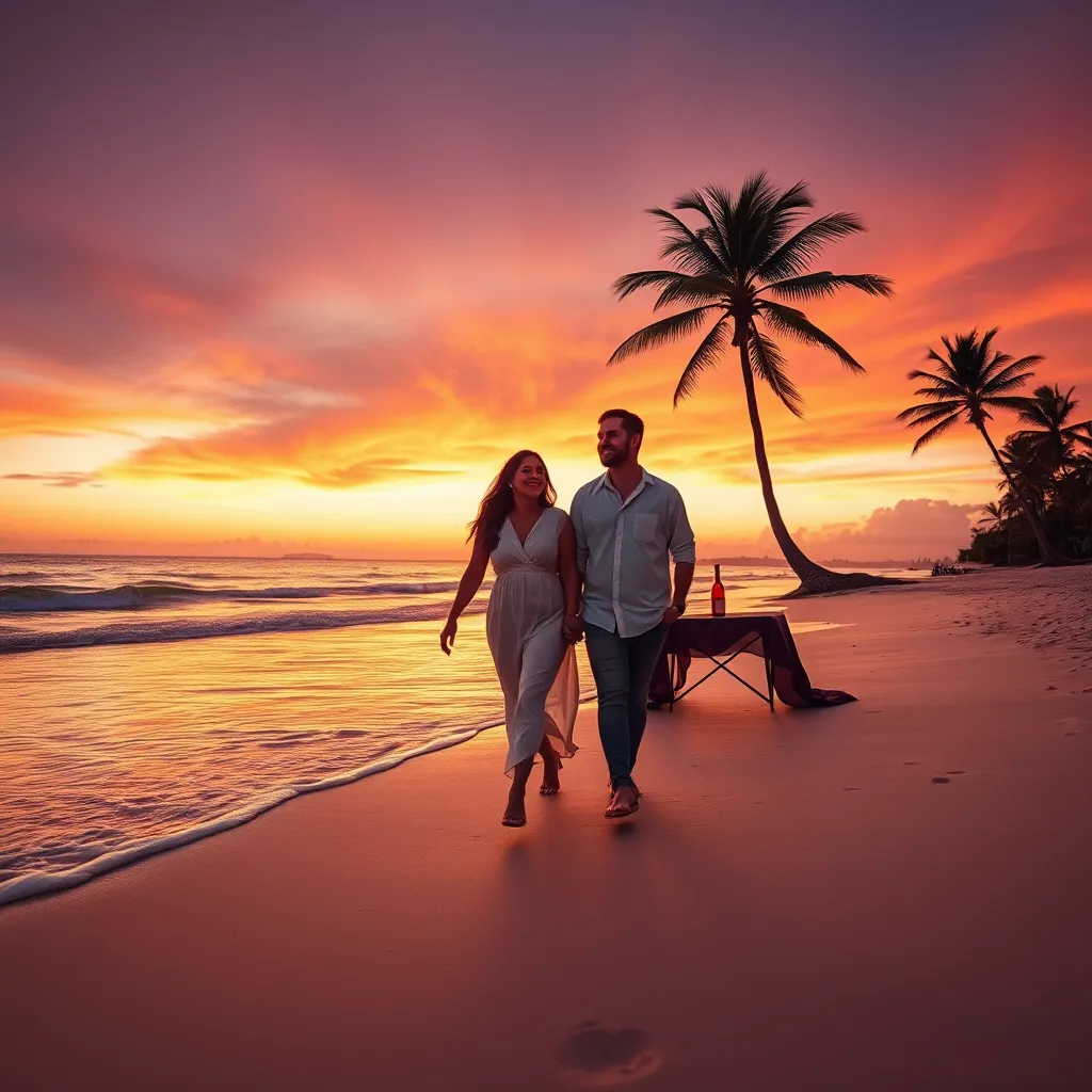A couple leisurely walking hand-in-hand along a secluded beach at sunset. The scene captures gentle waves lapping against the shore, with a golden orange sky transitioning to deep purple and pink hues. The couple appears blissful, dressed in light, flowing attire, with their shadows cast on the sand. Soft diffused lighting enhances the serene atmosphere, highlighting the contentment on their faces. In the background, palm trees sway gently, while a small table is set with a candle and a bottle of wine near the water's edge. The photo is captured from a low angle, creating a feeling of intimacy. The beach's soft sands are detailed, contributing to a hyperrealistic quality. The image is in 8K resolution, evoking a romantic mood in the style of renowned travel photographer Gray Malin.