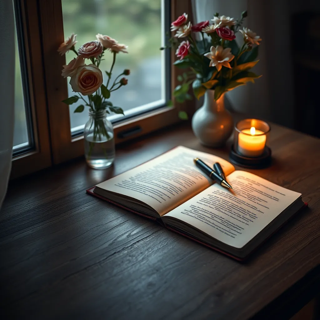 A cozy, aesthetically pleasing writing nook with an open notebook and a fountain pen on a wooden desk; a vase of fresh flowers and a lit candle nearby, creating an atmosphere conducive to writing heartfelt love letters and poetry.