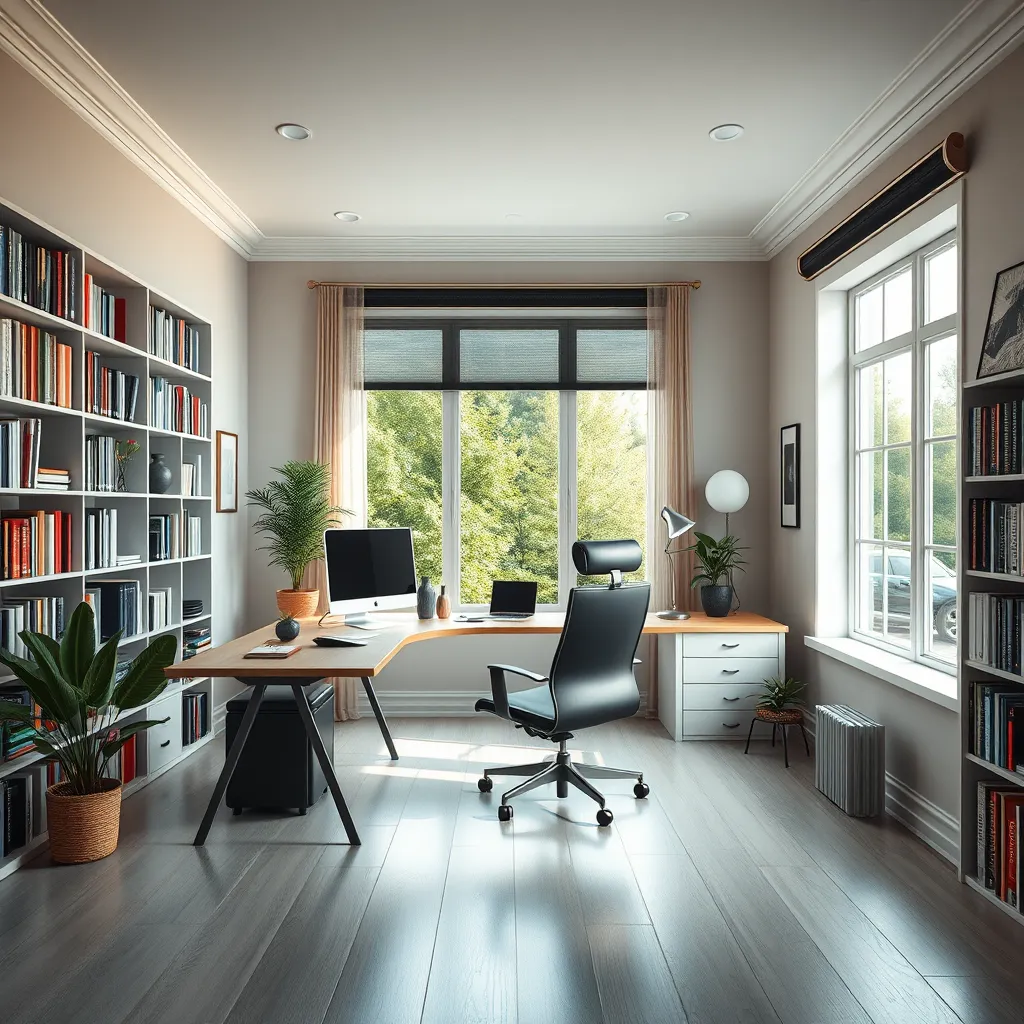 A cozy home office setup within a bright and spacious room. It features a stylish desk with a computer, a comfortable chair, and bookshelves filled with books, along with natural light streaming through large windows, showcasing a productive work atmosphere.
