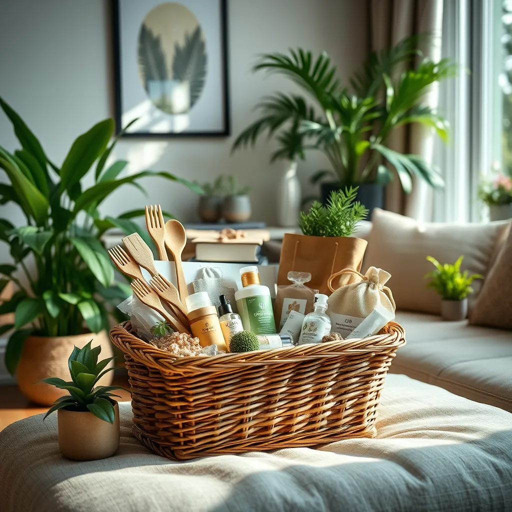 A cozy living room showcasing a beautifully arranged gift basket filled with sustainable products, such as bamboo utensils, organic skincare items, and reusable bags, surrounded by potted plants and natural light streaming in through a window.