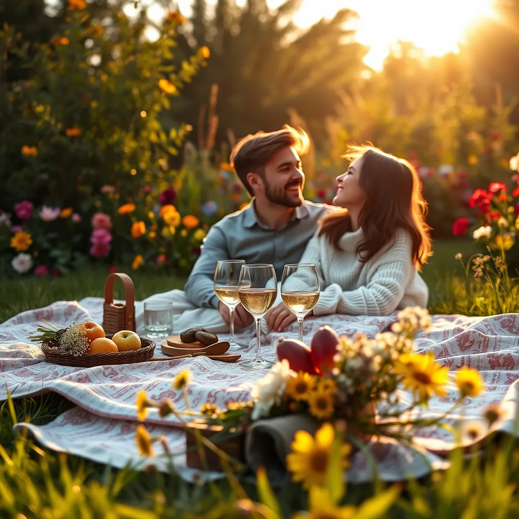 A cozy outdoor picnic scene featuring a couple nestled in a beautiful garden bathed in soft golden hour light. The foreground shows a chic picnic blanket adorned with an elegant spread of fruits and wine glasses, while a bouquet of wildflowers sits nearby. The couple, laughing and gazing into each other's eyes, creates a heartwarming focal point. The background is filled with lush greenery and colorful flowers, providing a vibrant yet calming color palette. The composition captures the essence of connection, with a slightly elevated camera angle emphasizing the depth. The texture of the blanket and the couple's clothing adds richness to the image, sculpted with warm, inviting colors. The scene is styled in high dynamic range, with ultra-detailed clarity, akin to the works of photographer Annie Leibovitz.