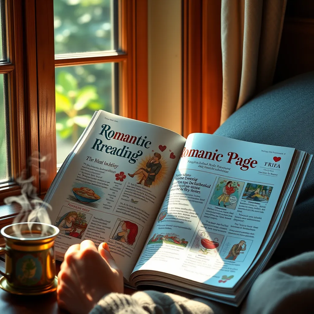 A cozy reading nook with a person engrossed in a colorful magazine titled 'Romantic Page'. Sunlight filters through a window, illuminating pages filled with romantic stories and lush illustrations. A steaming cup of tea sits nearby, adding warmth to the scene.