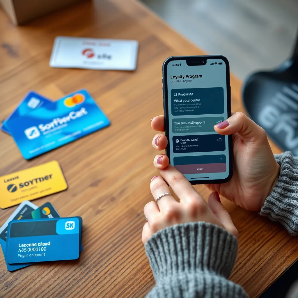 A cozy scene featuring a shopping card adorned with loyalty program logos, credit cards, and discount coupons scattered on a wooden table. A happy shopper is holding a phone displaying a loyalty program app with notifications about new discounts.