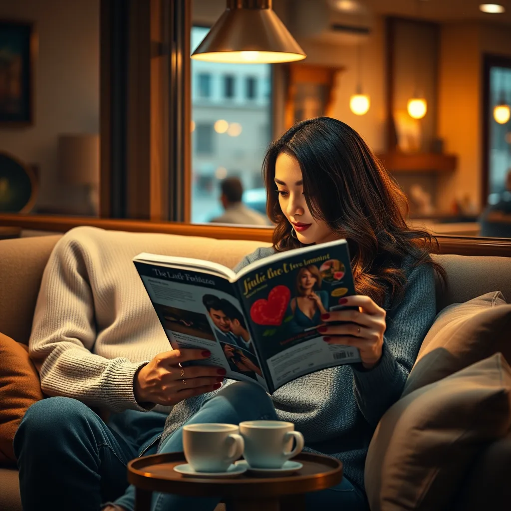 A cozy scene of a couple reading a magazine together in a warmly lit café, surrounded by soft cushions and a small table with coffee cups. The magazine cover is visible, showcasing romantic themes with vibrant colors, reflecting love and intimacy.