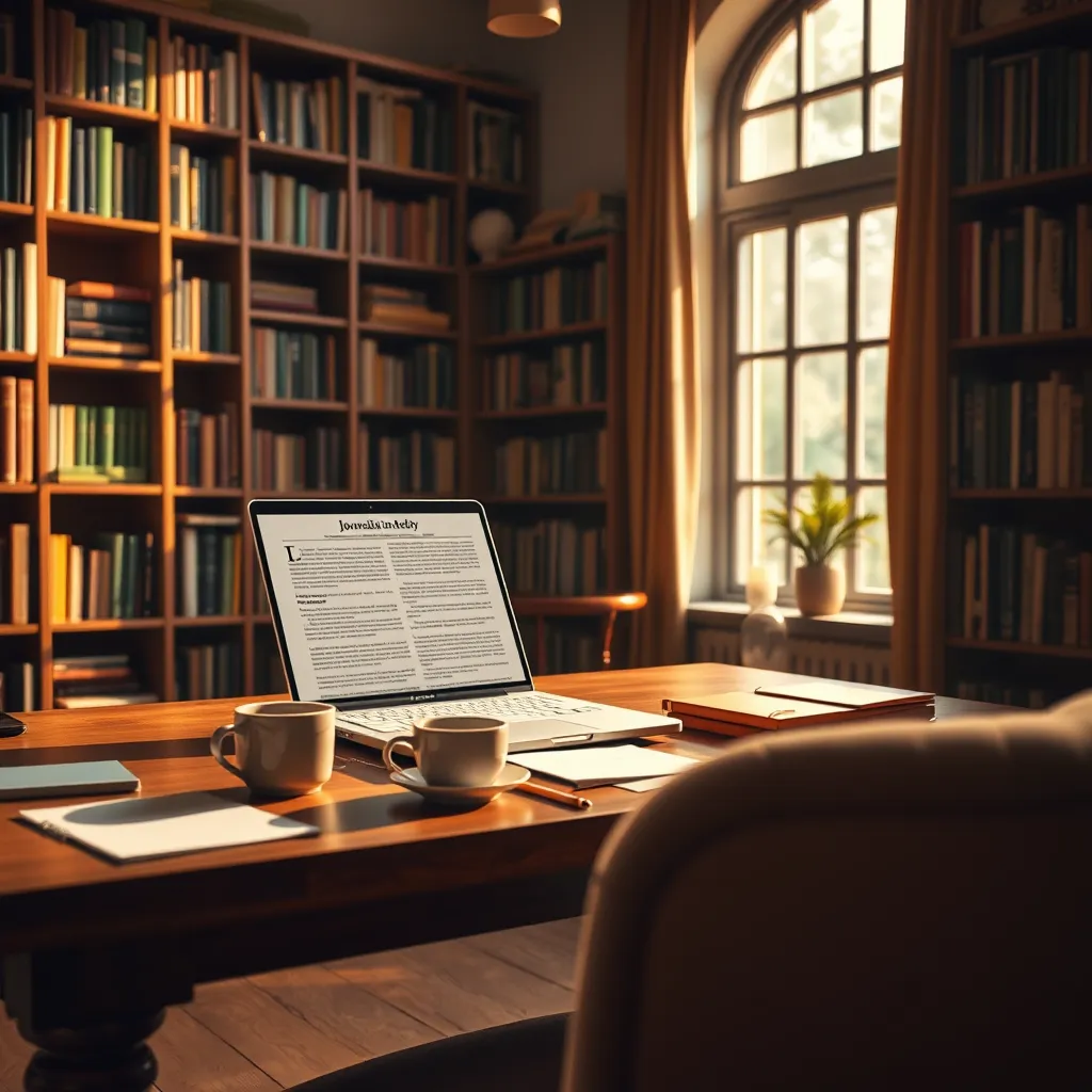 A cozy study room filled with books and a wooden desk, illuminated by warm, soft diffused lighting. The composition includes an open laptop showcasing a detailed article on the screen, surrounded by scattered notes and a steaming cup of coffee. The walls are lined with shelves filled with colorful books on journalism and media studies, while a large window allows natural daylight to pour in, creating a welcoming atmosphere. The color palette consists of warm browns, greens, and soft yellows, evoking an intellectual vibe. The perspective is slightly elevated, focusing on the desk, capturing the textures of the polished wood and the plush fabric of the chair. Style references include the work of renowned interior photographers who excel in creating inviting, educational environments. The image should be in 8K resolution for hyperrealistic detail and ultra-high quality.
