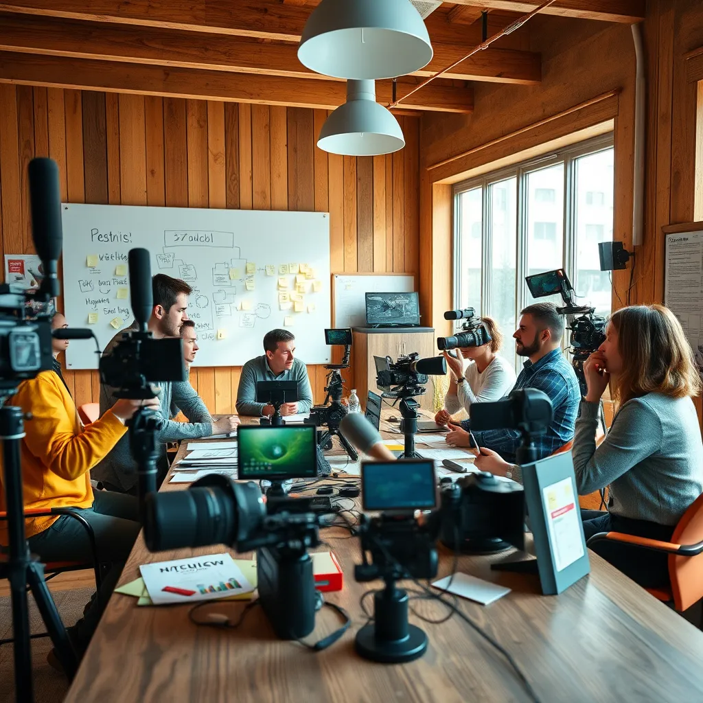 A creative workspace featuring a multimedia team brainstorming around a table filled with cameras, microphones, and printed storyboards. The scene is alive with soft natural lighting streaming in through large windows, creating an inviting atmosphere. The color palette combines warm earth tones with pops of bright colors from equipment. The camera angle is wide, encompassing team members actively engaged in discussion, illustrating collaboration and enthusiasm. Textural details highlight the mix of materials used—wooden elements, metal equipment, and fabric props. Background elements include a whiteboard filled with creative ideas and post-it notes, capturing the essence of brainstorming. This image should convey a vibrant, energetic mood, styled after contemporary lifestyle photography, focusing on teamwork and creativity. Rendered in 8K resolution, ensuring a hyperrealistic depiction of the dynamic work environment.