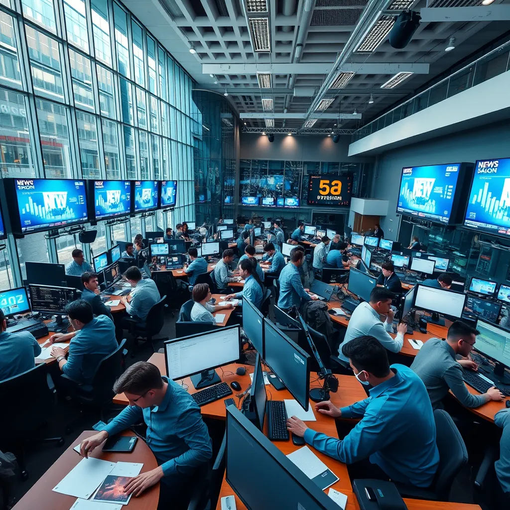 A crowded newsroom with reporters working fervently on their computers and phones. The room is filled with multiple LED screens displaying live news feeds and data charts. The lighting is a blend of natural daylight streaming from large windows and artificial overhead lights creating a vibrant, energetic atmosphere. The color palette is professional with shades of blue, white, and gray. The camera angle is a high-angle shot capturing the hustle and bustle from above, emphasizing the activity and urgency. Textures include the metallic sheen of the computer hardware, the soft fabric of the reporters’ clothing, and the polished wooden desks. Background elements include a glass partition wall with NEWS SALON logos and a large digital clock showing the current time. The style is photorealistic with ultra-high detail, capturing every intricate element. Image should be in 8K resolution and ultra-detailed to look hyperrealistic.