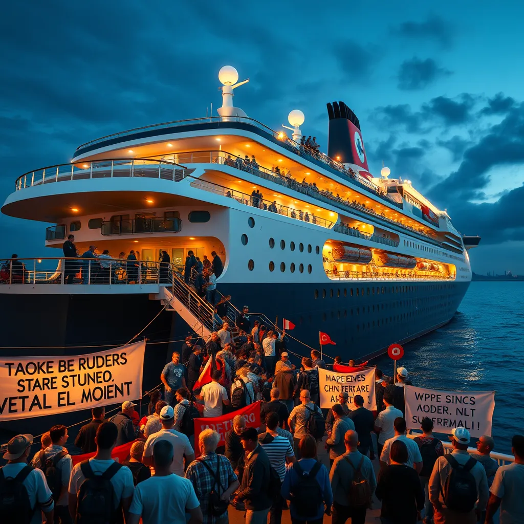 A cruise ship docked in a port bustling with activity as volunteers assist passengers disembarking during a crisis. In the foreground, people are helping one another, with banners showing messages of hope and solidarity in various languages.