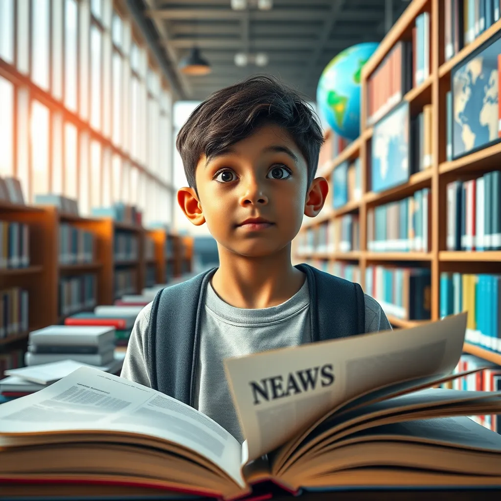 A curious student in a modern library surrounded by open books and digital screens, with a thoughtful expression, reflecting on educational news articles. The scene includes vibrant natural lighting and a view of a globe, symbolizing global learning.