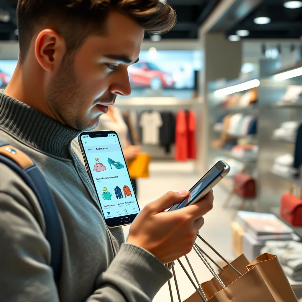 A detailed, photorealistic image of a shopper interacting with a personalized shopping app on their smartphone, showcasing curated product recommendations, surrounded by diverse products in a stylish retail environment, highlighting the intersection of technology and personal shopping experience.