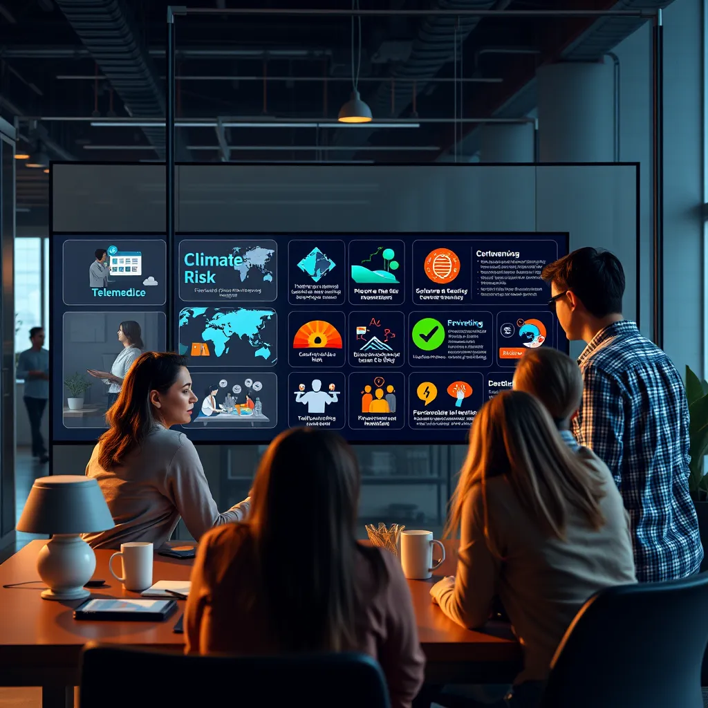 A detailed image showing a creative team brainstorming in a modern office, with illustrations of various innovative insurance products displayed on a digital screen, showcasing diverse scenarios like telemedicine, climate risk, and personalized health coverage.