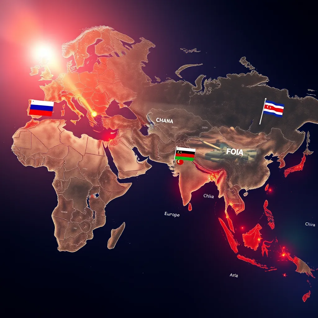 A detailed image showing a world map highlighting major geopolitical hotspots, such as Eastern Europe and the South China Sea. Incorporate symbols of diplomacy, like shaking hands and flags, along with military imagery to represent rising tensions.