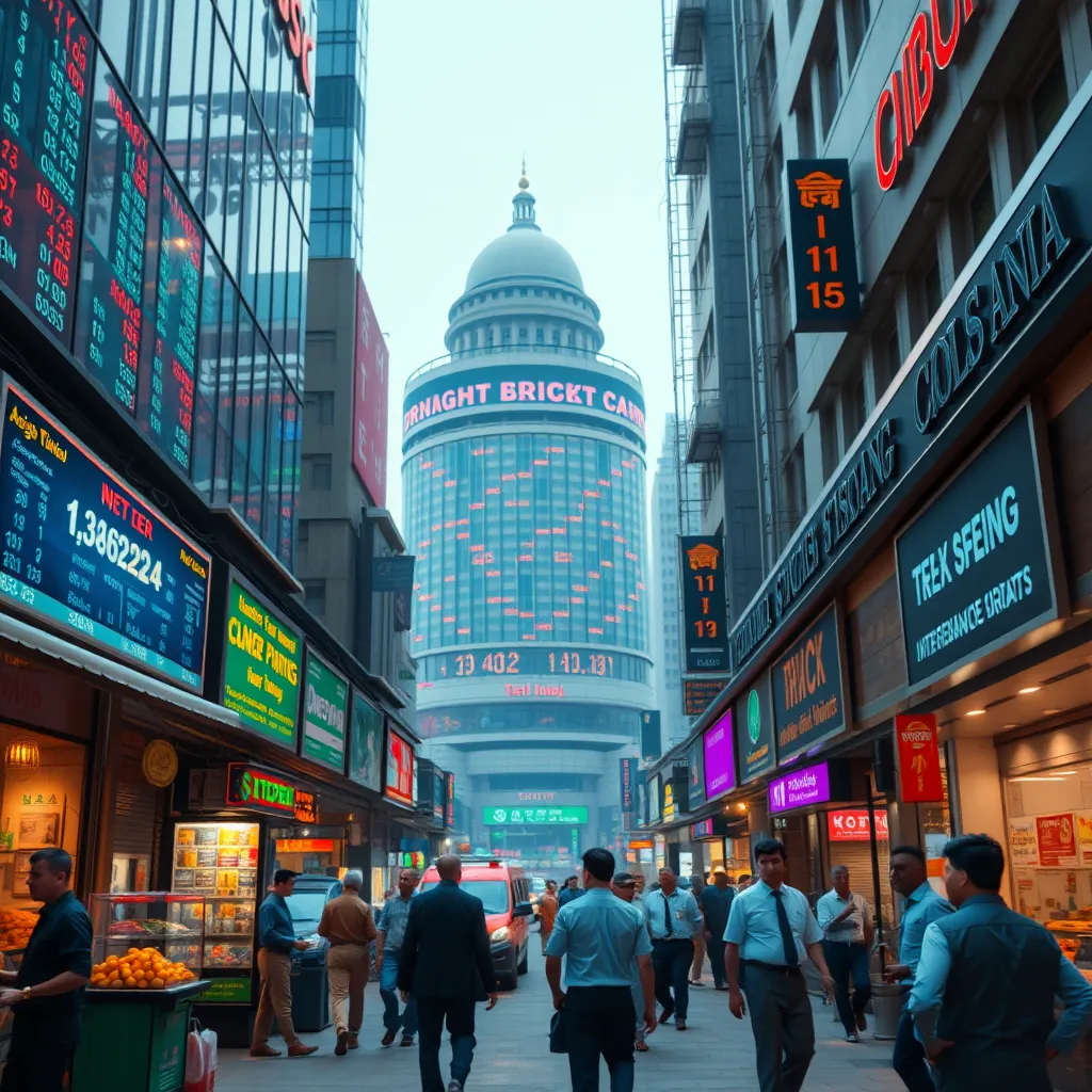 A detailed photorealistic image showcasing a vibrant financial district in India, featuring stock exchange screens displaying real-time data, street vendors, and business professionals in discussions, capturing the dynamic atmosphere of India's economy.