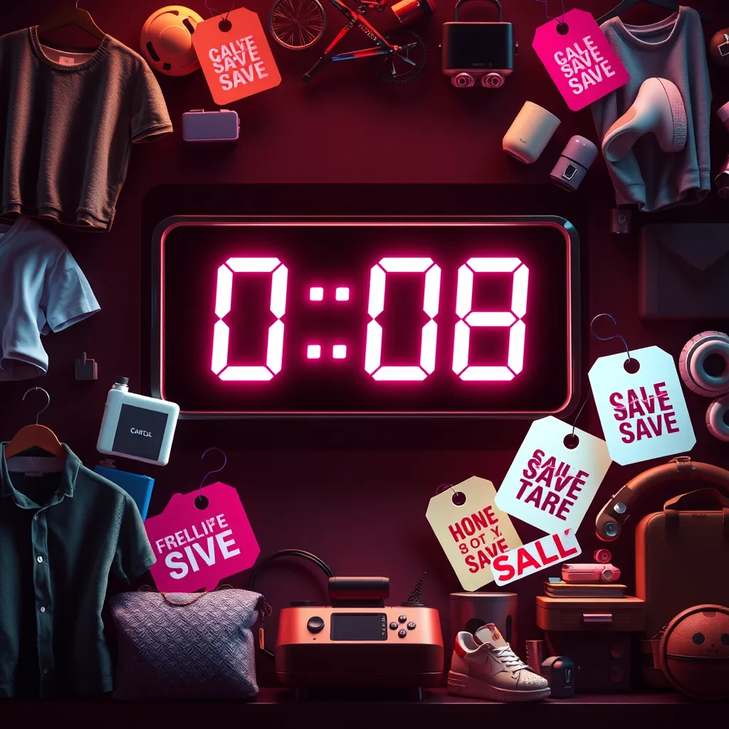 A digital clock counting down with a vibrant graphic emphasizing urgency and excitement. Surrounding the clock, various products like clothing, gadgets, and home goods are displayed with flashy tags indicating a window of opportunity for massive discounts.