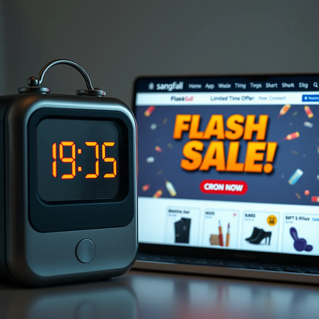 A digital clock displaying a countdown timer alongside an online shopping website showing an eye-catching banner for a flash sale with bold text highlighting 'Limited Time Offer!' and enticing product images of discounted items.