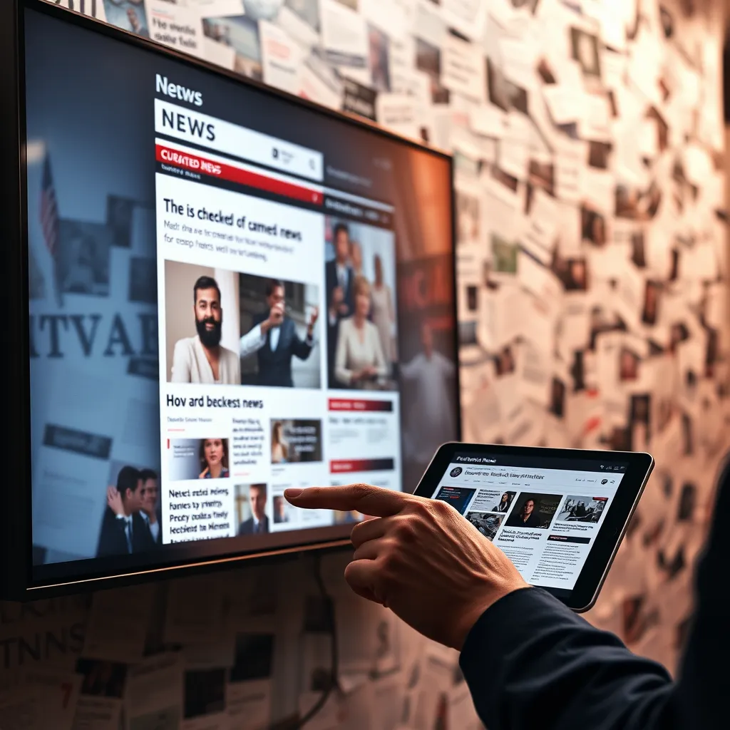 A digital interface on a large screen showing a curated news feed. Beside it, a person swipes through a tablet, sifting through fact-checked news. Background features a cluttered wall of chaotic, overlapping news clippings.