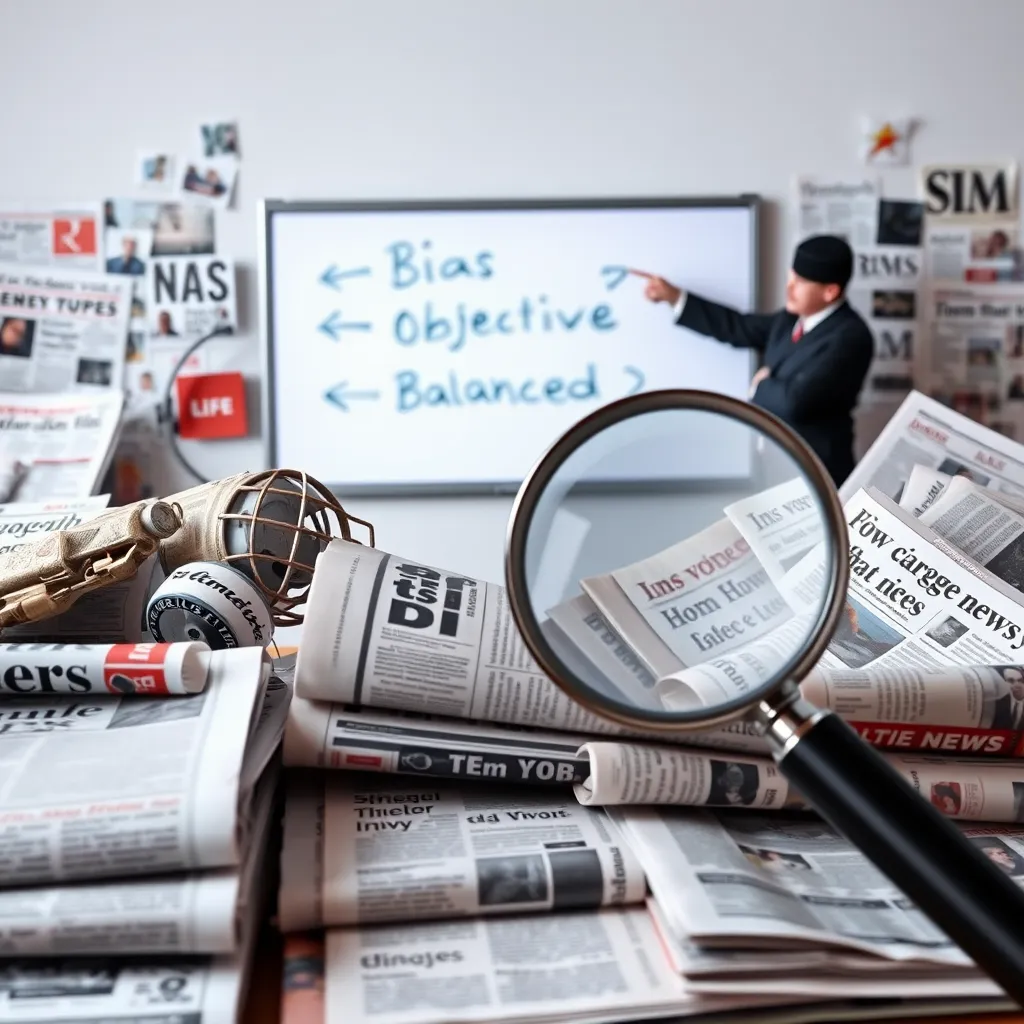 A diverse array of newspapers, digital news icons, and a magnifying glass highlighting different tones and slants in headlines. Background shows a coach pointing at a whiteboard with arrows pointing to 'Bias', 'Objective', 'Balanced'.