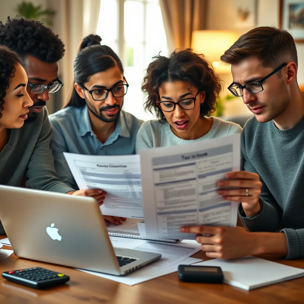 A diverse group of individuals reviewing tax documents with expressions of concern and focus. The background should include a cozy home office setup with a laptop, calculators, and tax forms, emphasizing the personal impact of tax news.