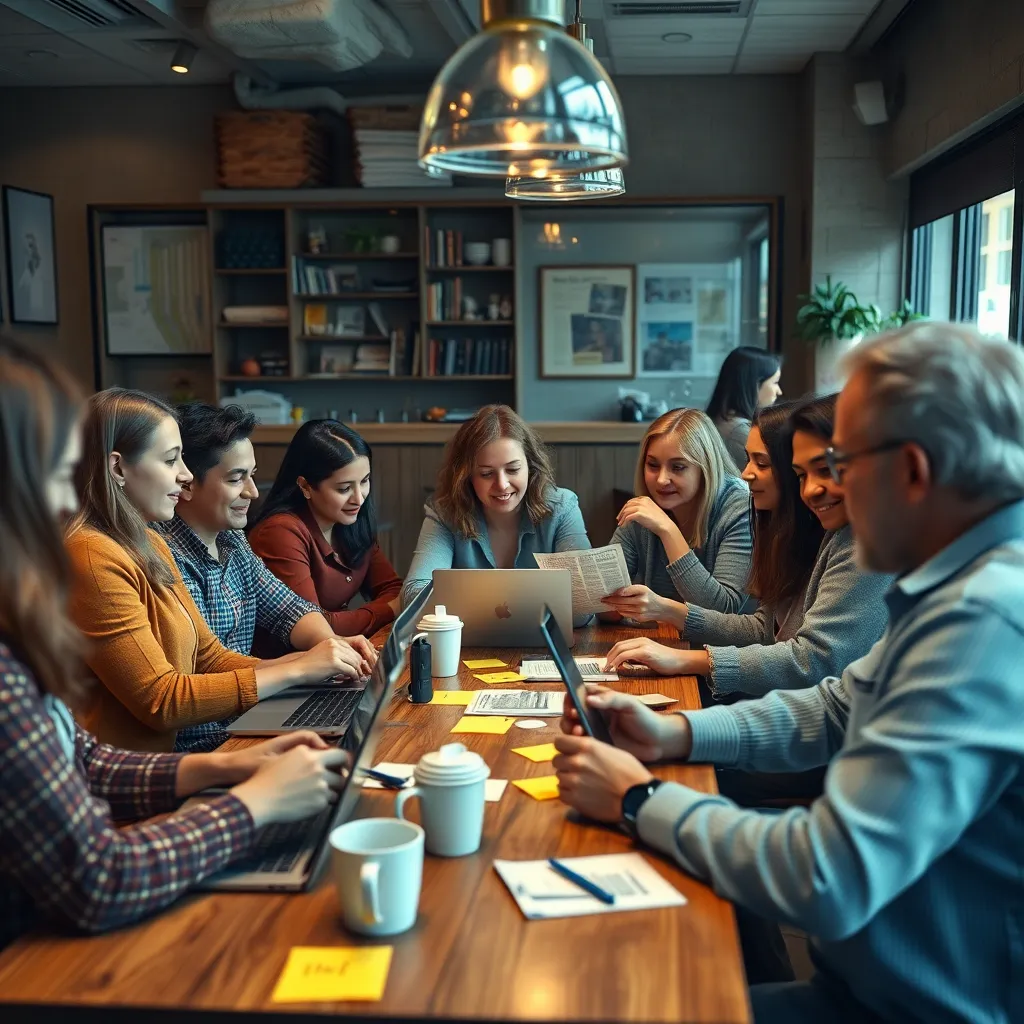 A diverse group of individuals gathered in a cozy café, passionately discussing current news articles on laptops and tablets, with sticky notes and coffee cups on the table, creating an atmosphere of lively debate and community interaction.