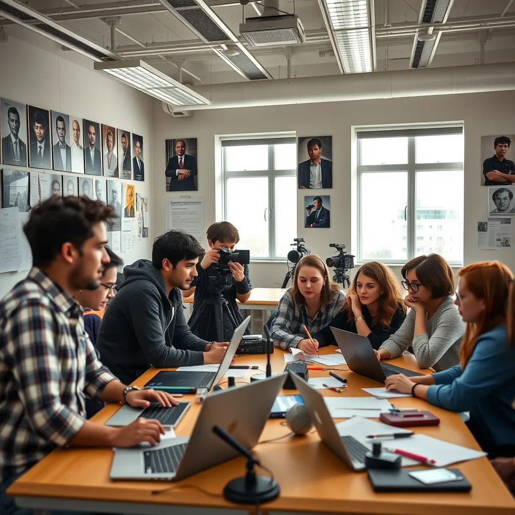 A diverse group of journalism students actively engaged in a hands-on training session in a modern media lab. They are collaborating on a news project, with laptops, cameras, and notepads scattered around. The room is bright, with posters of famous journalists on the walls.