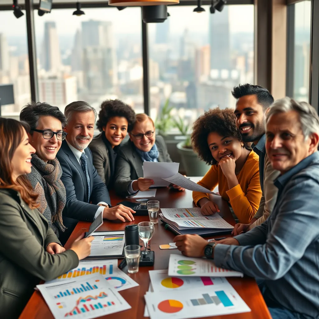 A diverse group of journalists of various backgrounds and ethnicities, gathered around a table in a vibrant café, passionately discussing news topics. Colorful charts and articles are spread out, symbolizing the blend of perspectives, with a backdrop of a cityscape visible through the windows.