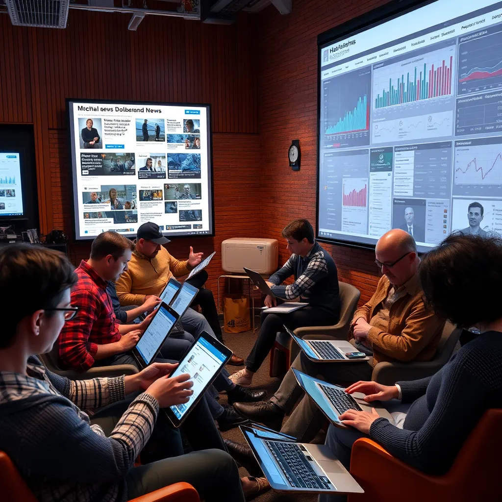 A diverse group of people, ranging in age and ethnicity, sitting with laptops and tablets, intensely engaged in reading and discussing various news articles. A large interactive whiteboard displays news headlines, charts, and analytics.