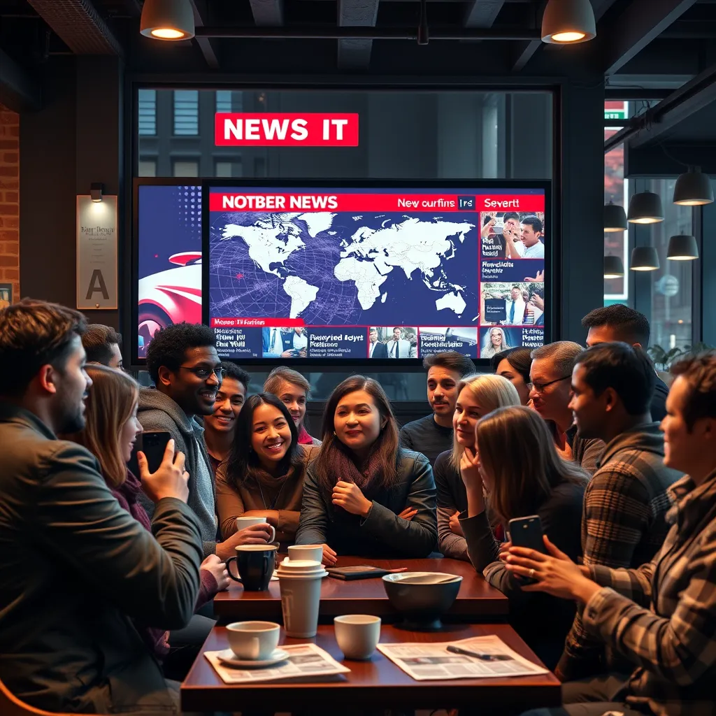 A diverse group of people from various cultures gathered around a large digital screen displaying news headlines from around the world. The scene is set in an urban café with coffee cups and newspapers on the tables, showcasing the vibrancy of sharing news together.