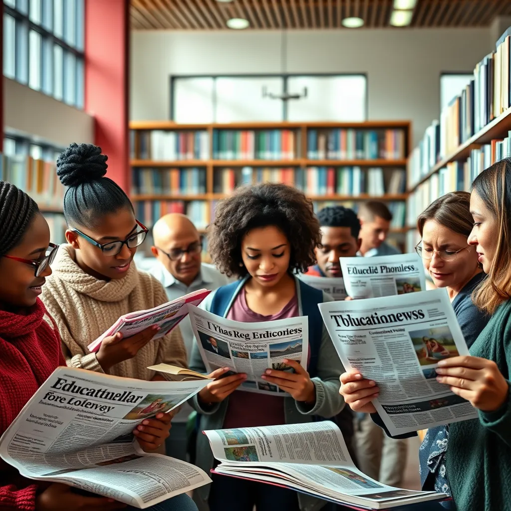 A diverse group of people reading educational news articles in a public library. The image should depict individuals from various backgrounds engaged in discussion, with newspapers and digital devices showcasing headlines about education, community programs, and civic initiatives. Bright and inviting atmosphere.