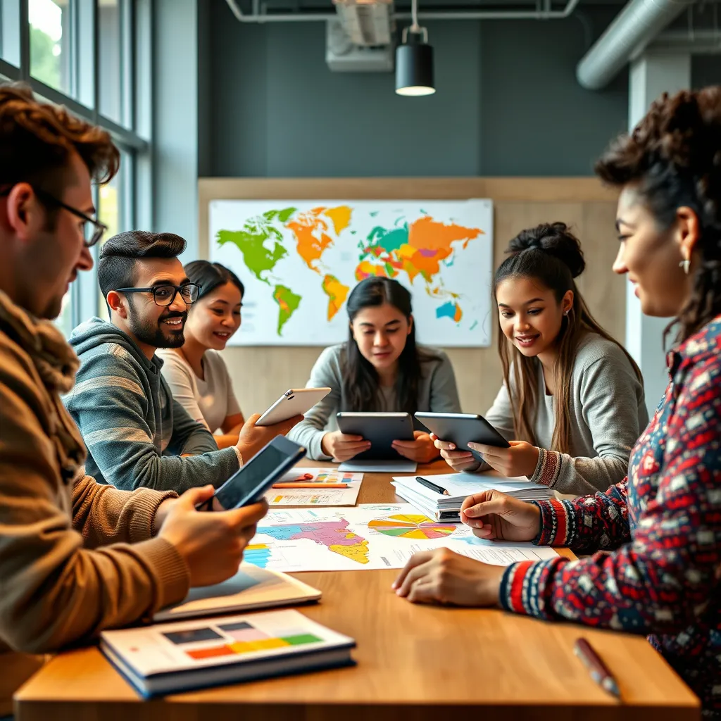 A diverse group of students from different backgrounds gathered around a table discussing educational news. They have tablets and notebooks, engaged in debate, with colorful charts and maps visible in the background, symbolizing diverse perspectives.