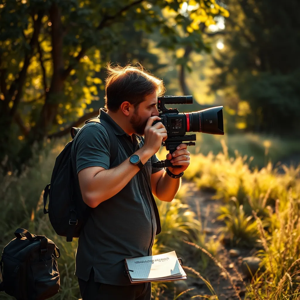 A documentary filmmaker capturing a powerful story in an outdoor setting, surrounded by lush nature. The lighting is natural, with golden hour sunlight filtering through the trees, casting dappled shadows. Capture the moment from a medium shot perspective, focusing on the filmmaker holding a camera and observing a subject. The color palette should be rich and vibrant, emphasizing greens, browns, and warm sunlight, evoking a sense of discovery. Include environmental elements like wildlife and natural features, as well as relevant props such as a notepad and equipment bags. The style of the image should evoke a cinematic feel, with hyperrealistic textures, capturing the essence of storytelling in ultra-detailed, 8K resolution.