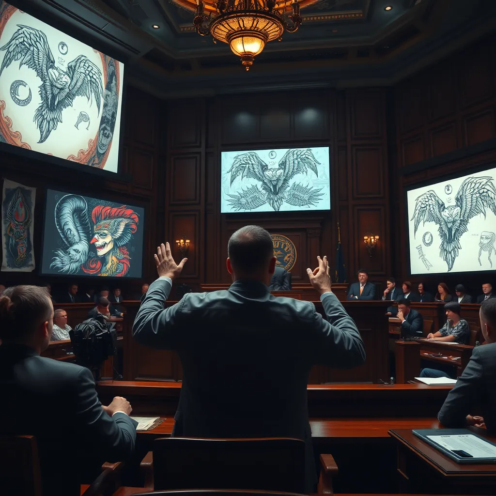 A dramatic courtroom scene with a tattoo artist passionately presenting their case, surrounded by tattoo designs displayed on large screens. The atmosphere is tense, with a judge and jury observing intently, and illustrations of tattoo designs visible in the background.