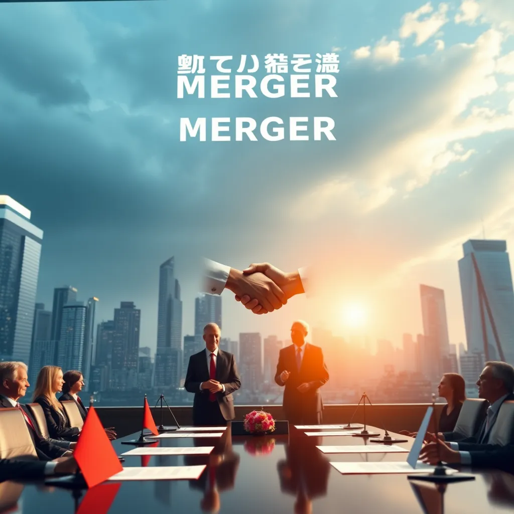 A dramatic image of two corporate leaders shaking hands at a signing ceremony, with a modern city skyline in the background. Incorporate elements such as contracts on the table, welcoming committee, and banners indicating the merger title for a sense of importance.