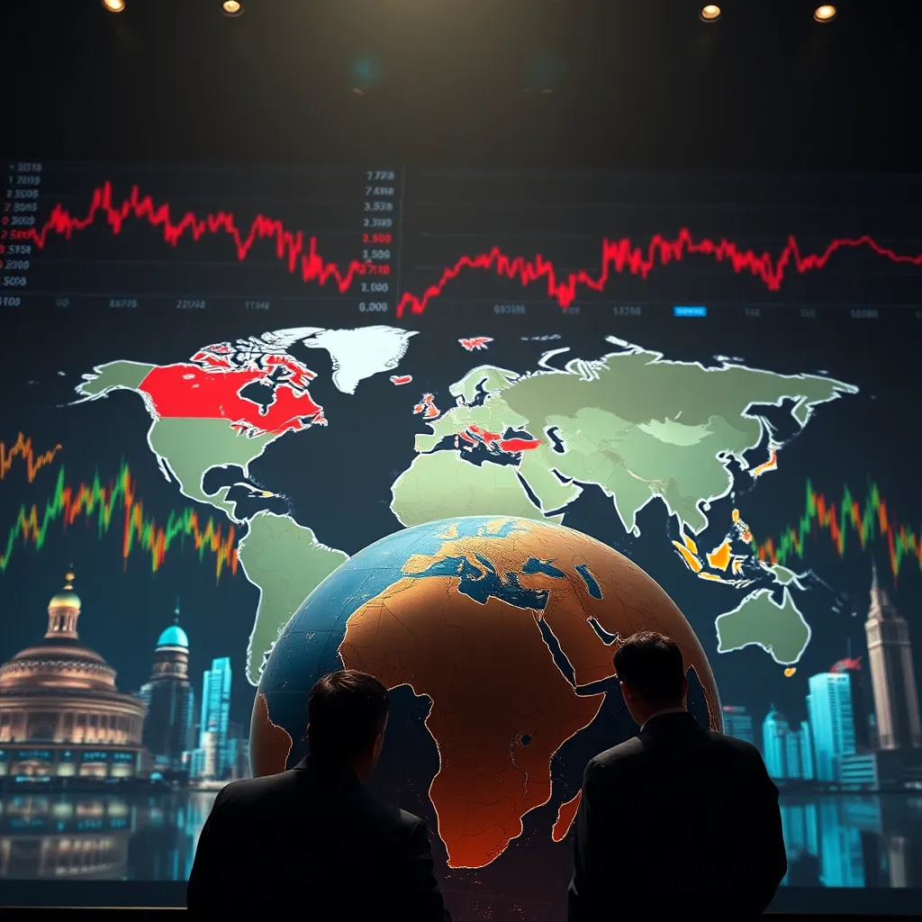 A dramatic scene depicting a world map with conflict zones highlighted, stock market graphs in the background, and images of stock exchange buildings. Investors are shown pondering over a globe, emphasizing the influence of global events on investment strategies.