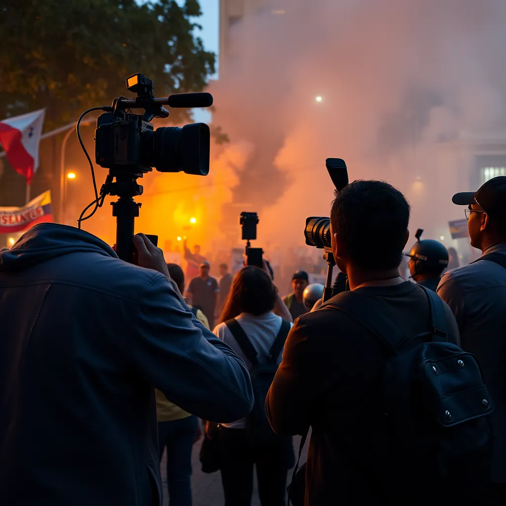 A dramatic scene showcasing a group of journalists filming a protest in Caracas, Venezuela, with crowds gathered in the background holding signs and banners. The atmosphere is tense, with smoke and police presence in the area, highlighting the urgency of the news being reported.