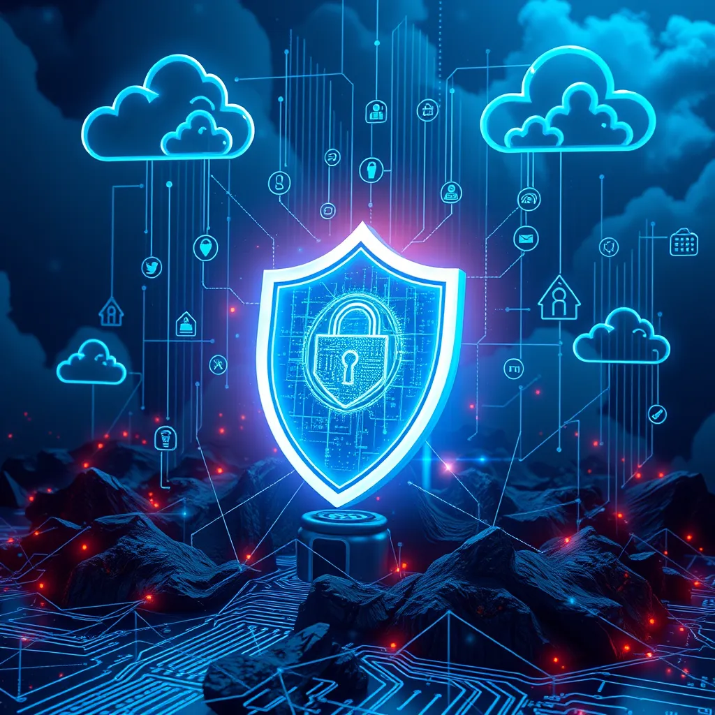 A dramatic visual depicting a virtual shield symbolizing cybersecurity protection around a digital fortress. Cloud computing elements and data protection icons should surround the scene, representing the importance of security in the insurance industry.